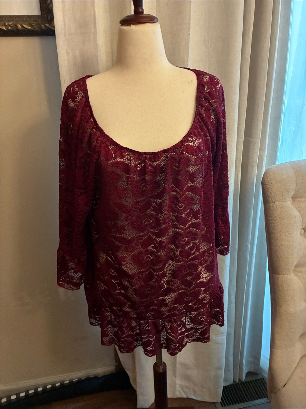 Vintage Plus Size 2 X Women's Burgundy Lace Tunic Top